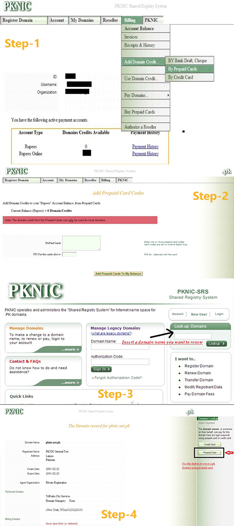 how to use pknic card to renew .pk domain name